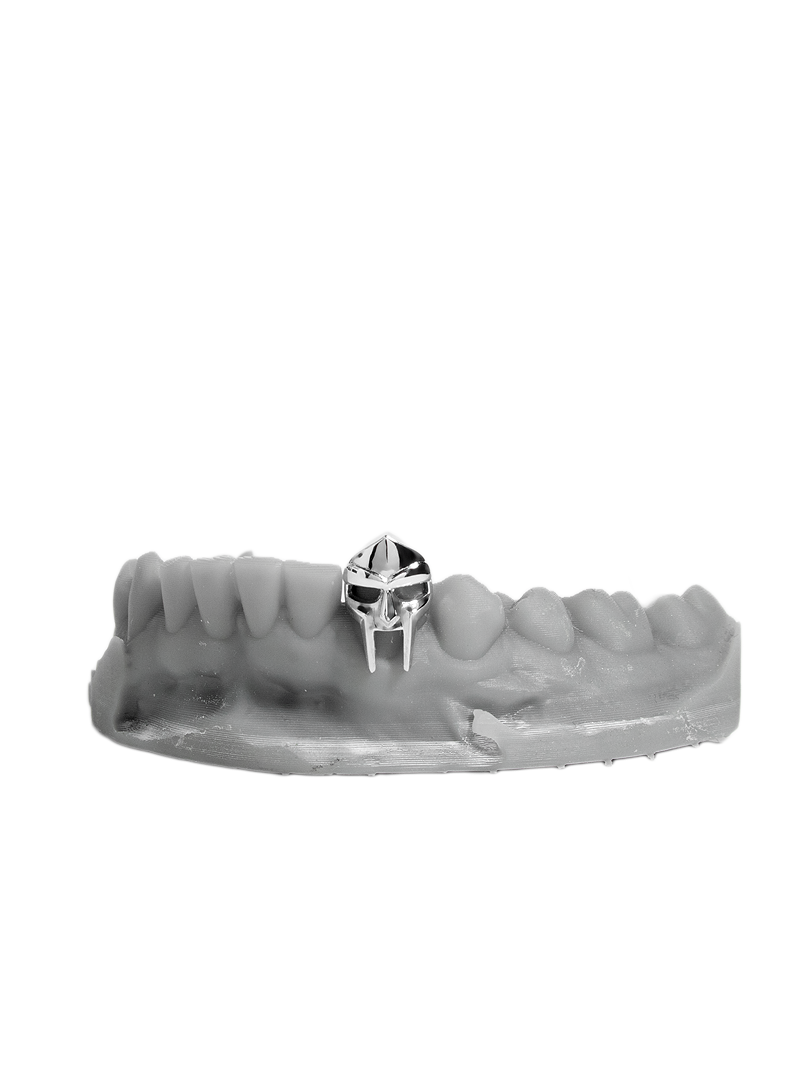 Single bottom cap grillz with a hand-sculpted gladiator mask in high-polish finish