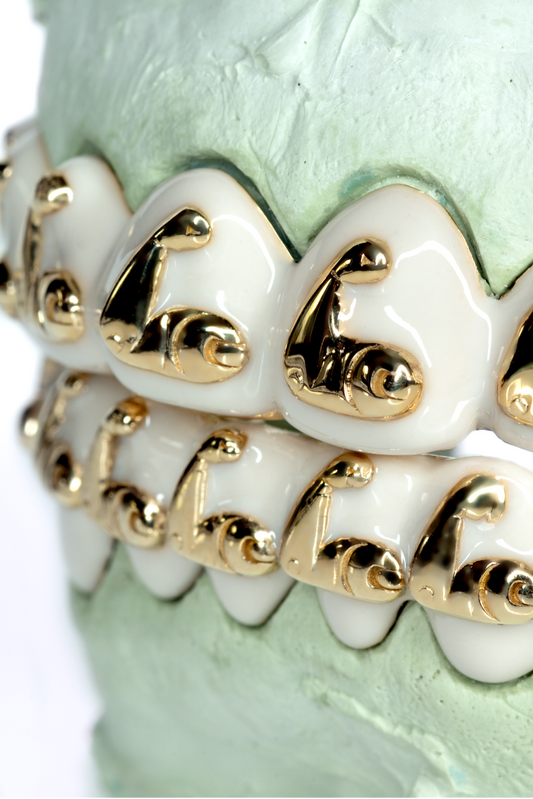 Custom Enamel Solid Gold Flexing Arm Design Grillz SET