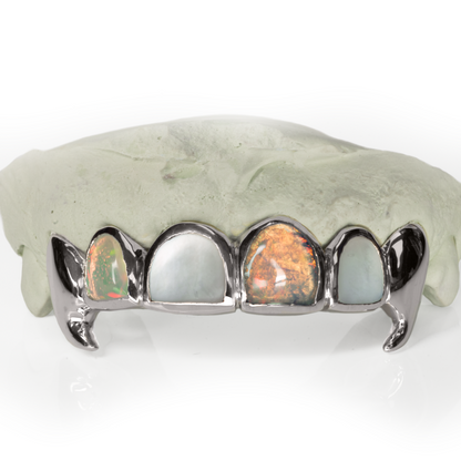 6 Piece Solid Gold Mother of Pearl Opal Fang Grillz