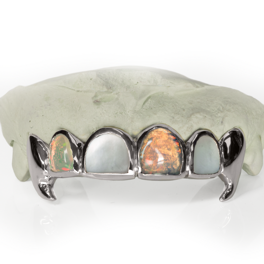 6 Piece Solid Gold Mother of Pearl Opal Fang Grillz
