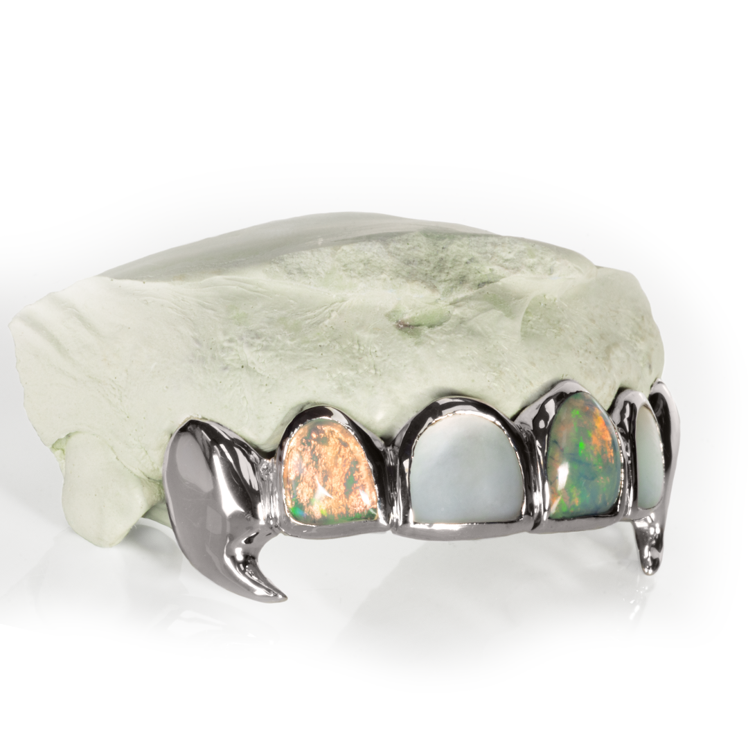6 Piece Solid Gold Mother of Pearl Opal Fang Grillz