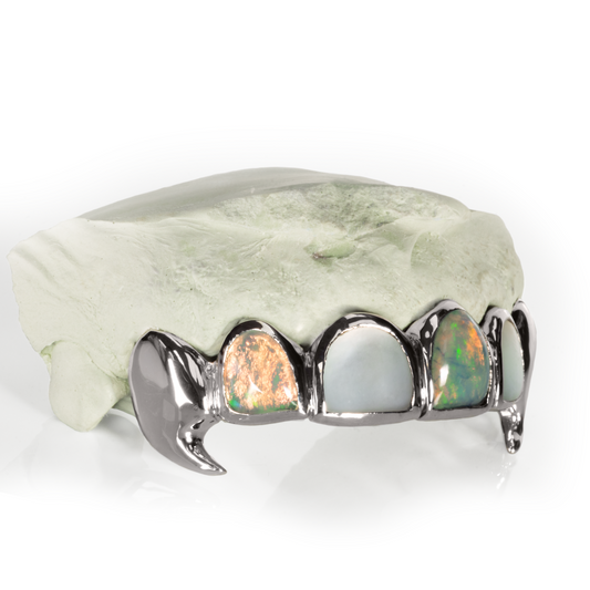 6 Piece Solid Gold Mother of Pearl Opal Fang Grillz