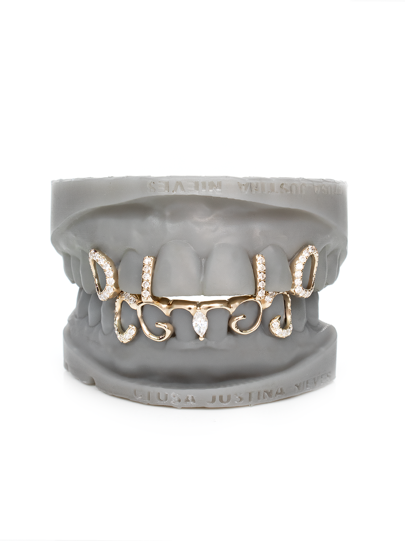 Solid gold floating script grillz with pave diamond initials on top and cursive script with marquise center stone on bottom