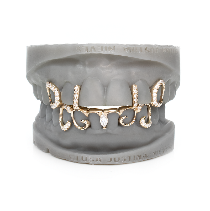 Solid gold floating script grillz, bottom arch cursive script with marquise center stone